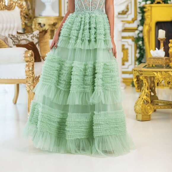 New Maxi Ruffled Sage Semi Ball Gown w/ Floral Bodice & Lace Up Back DQ 4476 - Picture 5 of 8